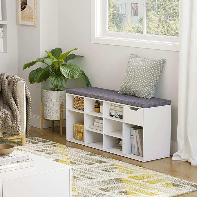 DINZI LVJ Shoe Bench, Entryway Storage Bench with Drawer and 11 Cubbies, Cubby Shoe Rack with Adjustable Shelves, Shoe Organizer Cabinet for Living Room, Bedroom, Mudroom, Closet and Garage, White