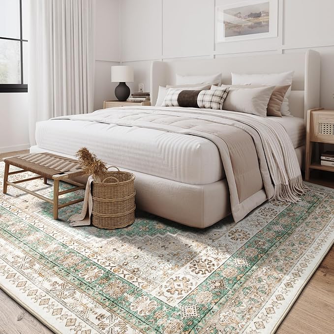 zesthome 5x7 Area Rugs - Ultra-Thin Washble Rug, Stain Resistant Anti Slip Backing Rugs for Living Room,Bedroom, Vintage Home Decor Area Rug (Green/Brown,5'x7')
