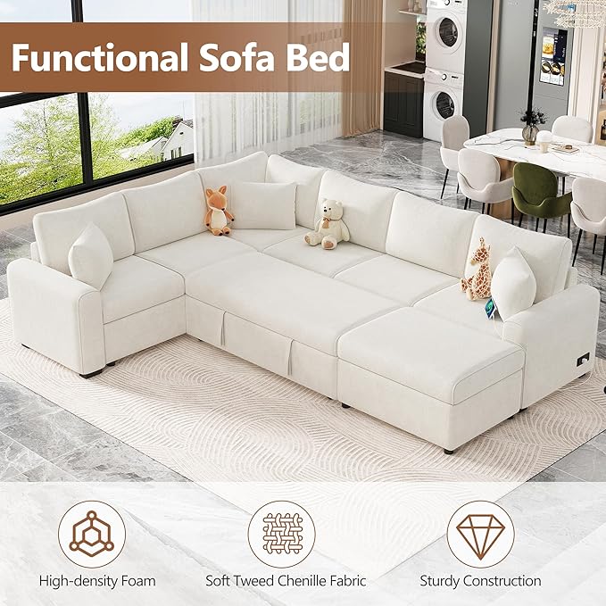 112" Luxurious Pull-out Sofa Bed Sleeper with Storage Ottoman,Sectional Sleeper Couch W/ 3 Pillows,2 USB ports & 2 Power Sockets,Corner Furniture Set for Living Room Large Space,Cream Chenille