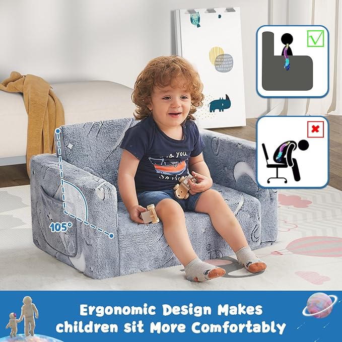 Toddler Chair Comfy,2-in-1 Soft Toddler Couch Fold Out for Kids,Convertible Sofa to Lounger,Gift for Girls and Boys Birthday,Space,Medium