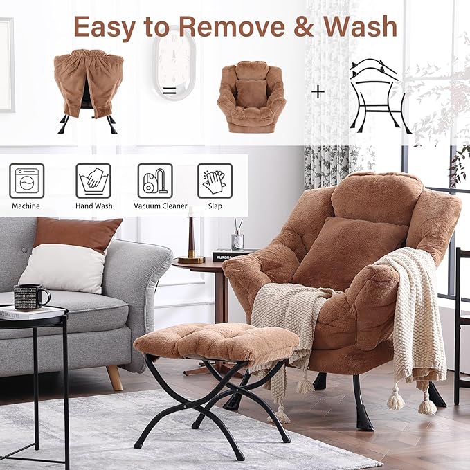 Lazy Chair with Ottoman, Reading Chair with a Pillow, Leisure Sofa Armchair with Ottoman, Large Accent Lounge Chair for Bedroom, Living Room, Dorm Room, Plush Brown
