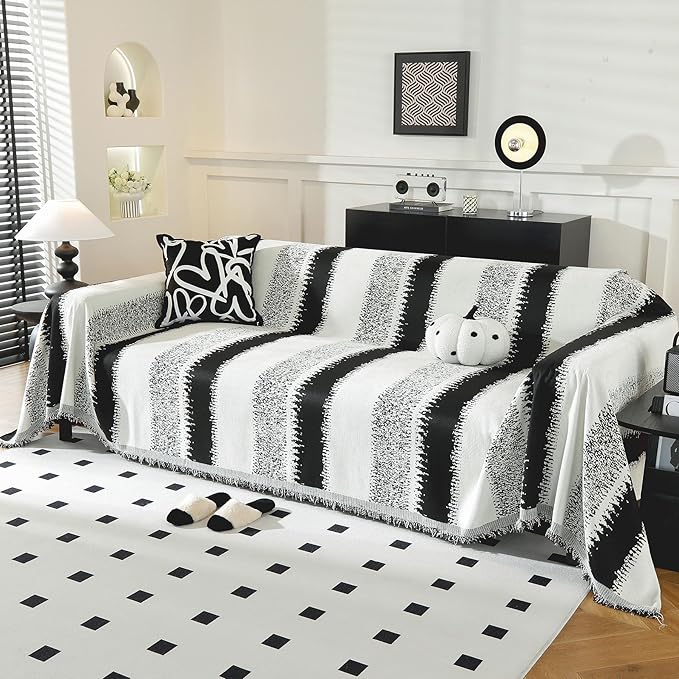LUFEIJIASHI Boho Couch Covers for Sofa Non Slip Sofa Covers Washable Couch Covers for 3 Cushion Couch Sofa Pet Friendly Sectional Couch Cover Blanket Furniture Protector for Dogs (Black, 91"x150")