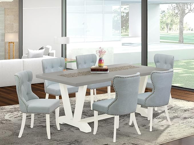 East West Furniture V097SI215-7 7 Piece Dining Table Set Consist of a Rectangle Kitchen Table with V-Legs and 6 Baby Blue Linen Fabric Parson Dining Room Chairs, 40x72 Inch, Multi-Color