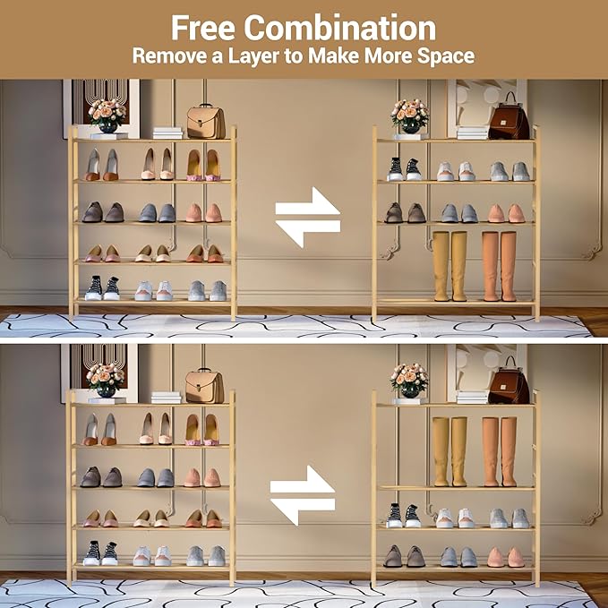 Haddockway Bamboo Shoe Rack for Closet, Free Standing Shoe Organizer with Smooth Round Rods & Convenient Handles, Stackable Shoe Storage Shelf for Entryway, Hallway(Natural, 5-Tier)
