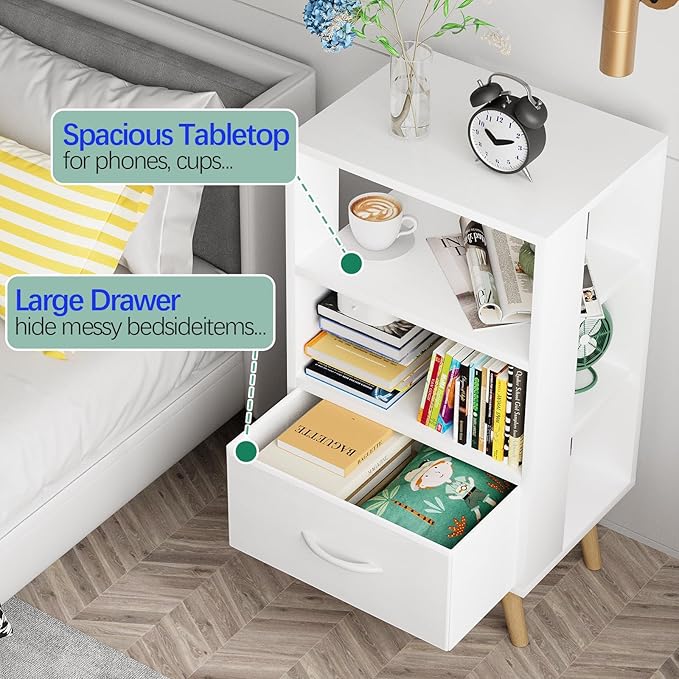 Night Stand, White Kids Nightstand with Drawer, Nursery Side Table with Open Storage, 3-Tier Modern End Table, Bedside Table for Small Space, Living Room, Bedroom