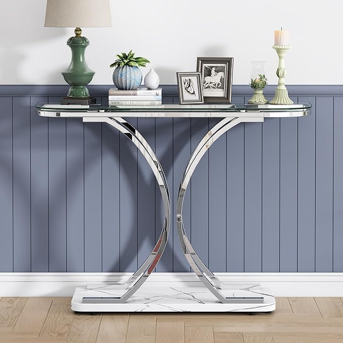 O&K FURNITURE Silver Glass Console Tables for Entryway,Glass Entryway Table with Curved Frames and Marble Base, Modern Entrance Table Sofa Table for Living Room,Hallway,Silver Glass&White Marble
