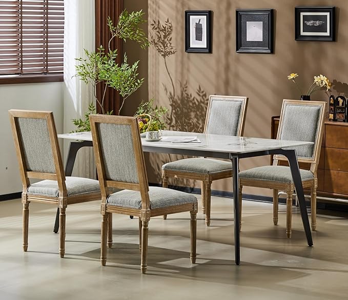 Merax Upholstered Solid Wood Dining Chairs Set of 4, French Country Style Accent Side Seating Furniture for Kitchen, Living Room, Cushioned Back, Grayish Green
