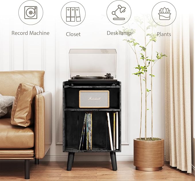 Record Player Stand, Turntable Stand with Record Storage and Charging Station & USB Ports, Record Player Table with Metal Divider, Record Stand Up to 120 Albums for Living Room, Bedroom Black