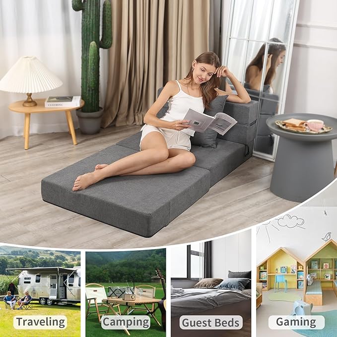 Folding Sofa Bed, High-Density Memory Foam Sofa Bed with a Fluffy Pillow, Floor Couch Guest Bed, Single Size, Dark Grey