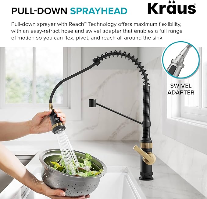 KRAUS Allyn Commercial Style 2-Function Single Handle Pull Down Kitchen Faucet in Spot-Free Brushed Brass/Matte Black, KPF-4110BBMB