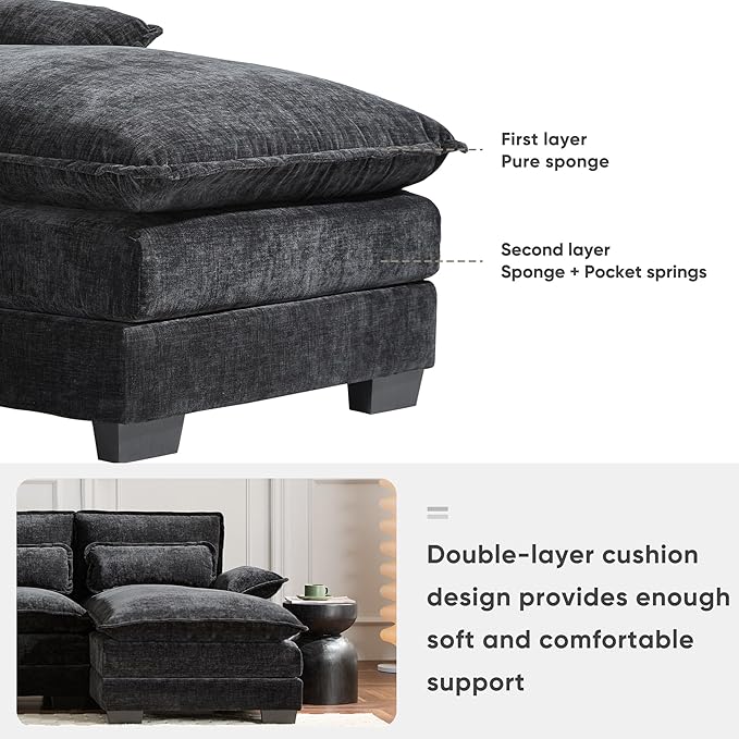 Merax Modern Sectional Sofa with Cupholders, Console and USB Charging Ports, Chenille Upholstered Sleeper Couch & Double Cushions, Symmetrical Chaise Indoor Furniture for Living Room, Apartment, Black