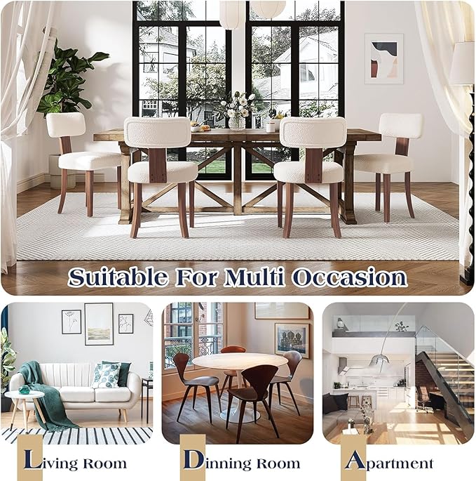 Farmhouse Chair Set of 2, Mid Century Modern Dining Chairs, Sherpa Upholstered Kitchen Chairs with Curved Backrest & Adjustable Legs for Living Room/Bedroom, Easy to Install, White Sherpa