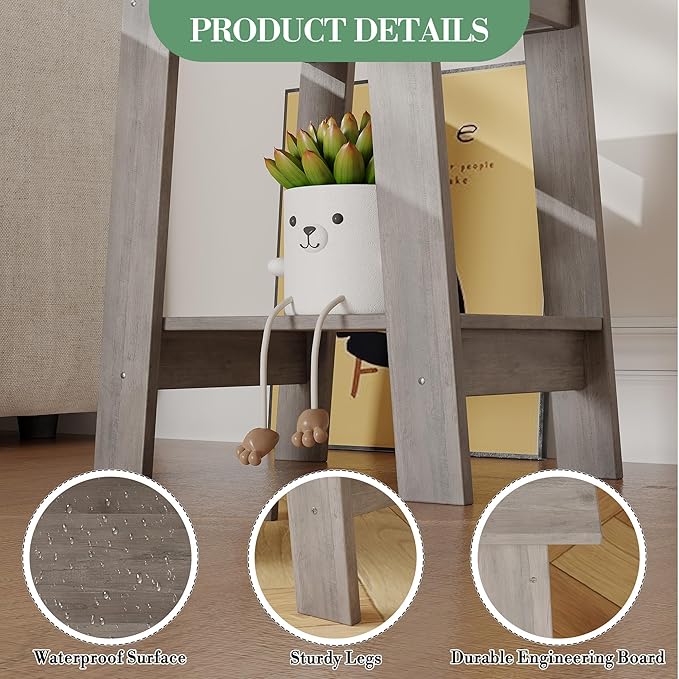 End Table with Double Storage Shelves, Small Space Side Table for Farmhouse Bedroom, Studio Apartment, Entryway, Grey