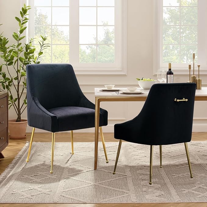 Velvet Dining Chairs Set of 2, Furniture Collection Modern Contemporary Upholstered with Polished Gold Metal Legs(Black)