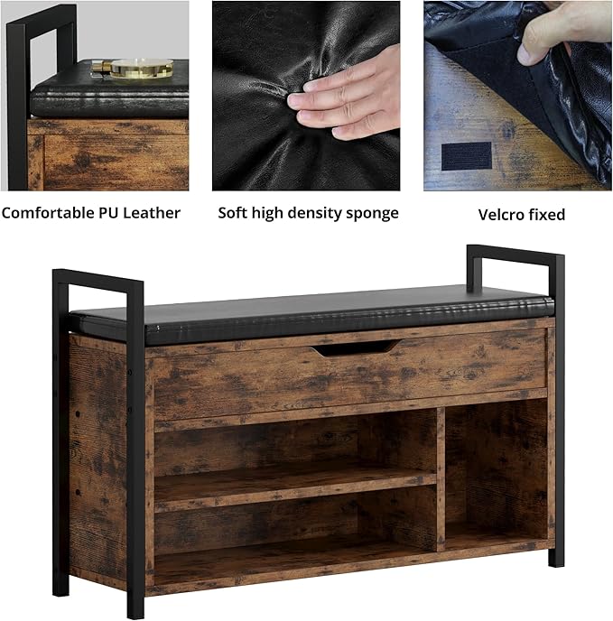 IRONCK Shoe Storage Bench, Entryway Bench with Lift Top Storage Box, Metal and Board Bench for Entryway, Two Tier Shoe Rack Organizer for Entryway, Hallway, Industrial, Vintage Brown
