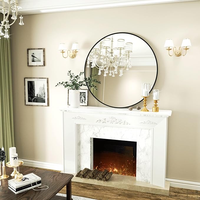 Round Mirror 15.7" Black Wall Mounted Circle Mirrors Vanity Mirror with Aluminum Alloy Frame Modern Decoration for Bathroom, Living Room, Vanity, Bedroom, Entryway