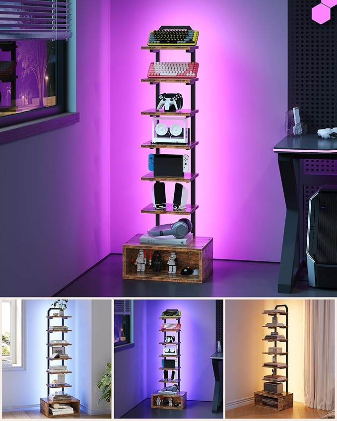 8-Tier Bookshelf, LED Bookcase with Semi-Open Bottom, Small Space Standing Shelf with Lights, Corner Storage Stand, for Living Room, Home Office, Bedroom, Rustic Brown TSJ08DBF