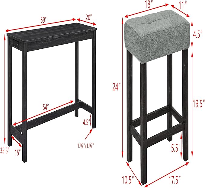KEIKI 4-Piece Bar Table Set with 3 Upholstered Stools, Industrial Dining Bar Table and Chairs Set with Power Outlet, Rectangular Kitchen Table, Black