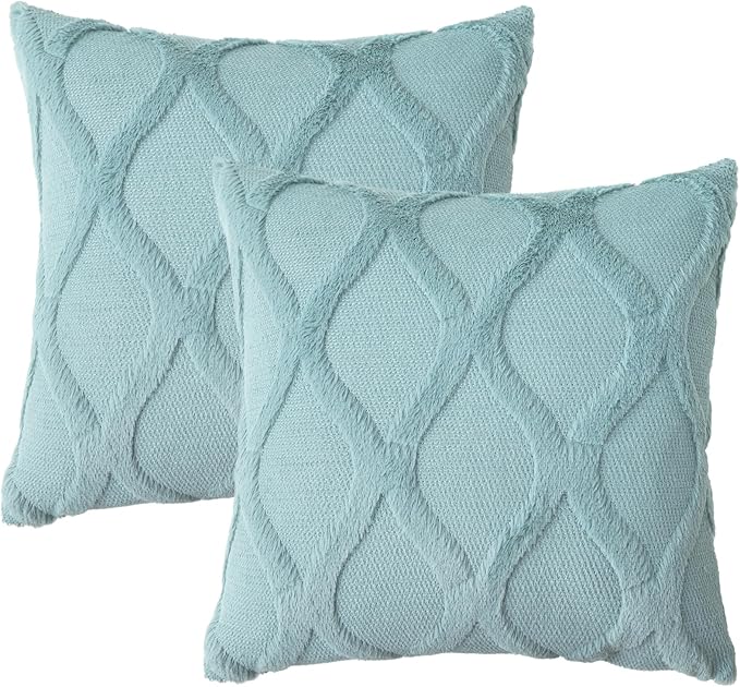decorUhome Throw Pillow Covers 24x24 Inch Set of 2, Soft Plush Faux Fur Wool Aqua Couch Pillow Covers, Decorative Neutral Pillow Cases for Bed Sofa Living Room Home Decor