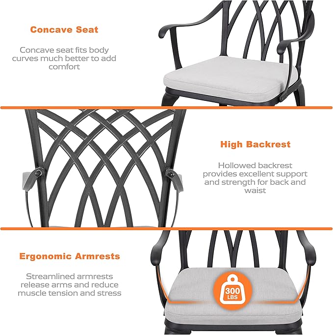NUU GARDEN Bistro Set 3 Piece Outdoor Cast Aluminum Patio Bistro Set Patio Table and Chairs Set of 2 with Umbrella Hole and Gray Cushions, Black