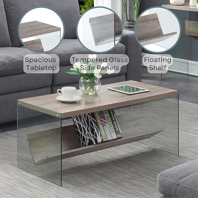 Convenience Concepts SoHo Modern Living Storage Shelf, Contemporary Coffee Table for Family Room, 40", Sandstone/Glass