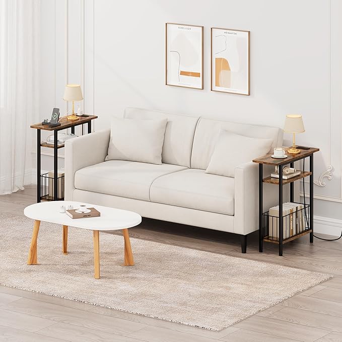 Vagusicc Narrow Side Table with Charging Station, 3-Tier Skinny Side End Table for Couch Sofa, Small End Side Tables for Small Spaces, 25.2" Tall Slim Nightstand for Living Room, Bedroom, Rustic Brown