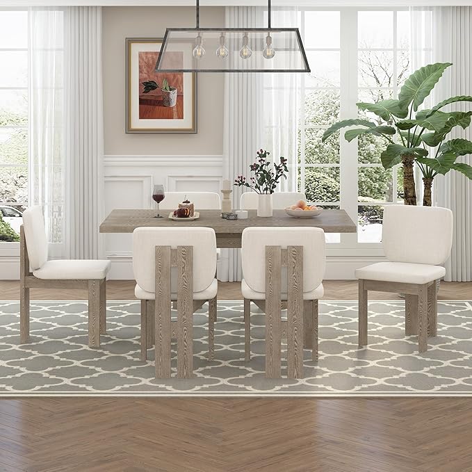 Ball & Cast 7-Piece Dining Table Set for 6 People, 59" Wood Dining Kitchen Table & Chairs Set, Dining Room Table with Trestle Base and 6 Upholstered Chairs, Perfect for Dining Room,Natural Wood Wash