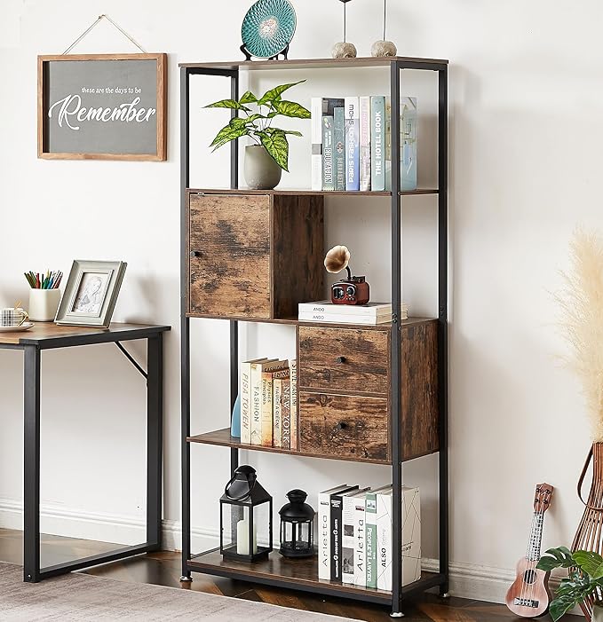 VECELO 5-Tier Bookshelf,Bookcase with 2 Storage Drawers and 1 Cabinet, Wood Shelves with Metal Frame,Open Book Shelves Standing Shelf Unit for Living Room, Bedroom,Office,Kichen