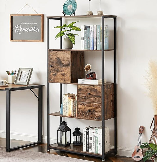 VECELO 5-Tier Bookshelf,Bookcase with 2 Storage Drawers and 1 Cabinet, Wood Shelves with Metal Frame,Open Book Shelves Standing Shelf Unit for Living Room, Bedroom,Office,Kichen