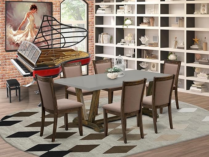 East West Furniture V797MZ748-7 7 Piece Dining Room Furniture Set Consist of a Rectangle Dining Table with V-Legs and 6 Coffee Linen Fabric Upholstered Chairs, 40x72 Inch, Multi-Color