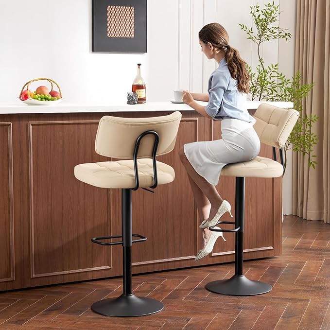 Furniliving Modern Bar Stools Set of 2 Faux Leather, Upholstered Swivel Barstools with Back, Adjustable Bar Chairs Counter Height for Kitchen Island, Dining Space, Beige