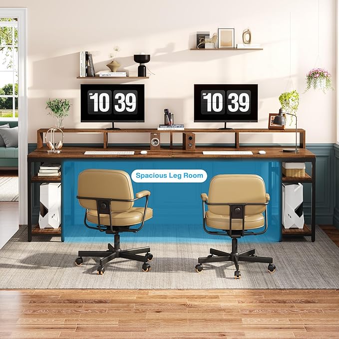 Tribesigns Two Person Desk with Monitor Stand, 78.74" Long Double Computer Office Desk with Storage Shelves, Large Gaming Study Writing Table Workstation for Home Office (Rustic Brown)