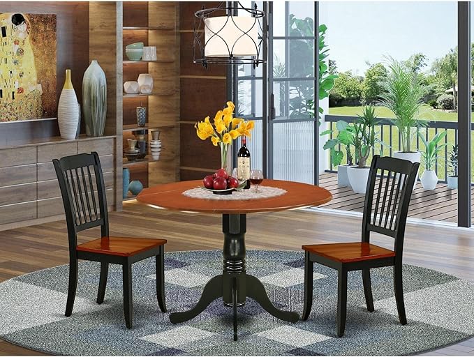 East West Furniture DLDA3-BCH-W 3 Piece Dining Room Table Set Contains a Round Kitchen Table with Dropleaf and 2 Dining Chairs, 42x42 Inch, Black & Cherry