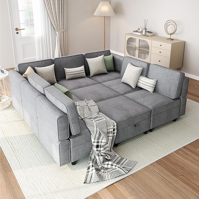 GAOMON 139.4" Chenille Reversible Sectional Sofa, 9-Seater Modular Sectional Sofa, Comfy Sectional Sleeper Sofa Couch with Chaise, U-Shape Modular Couch with Storage Seats & Ottomans, Grey