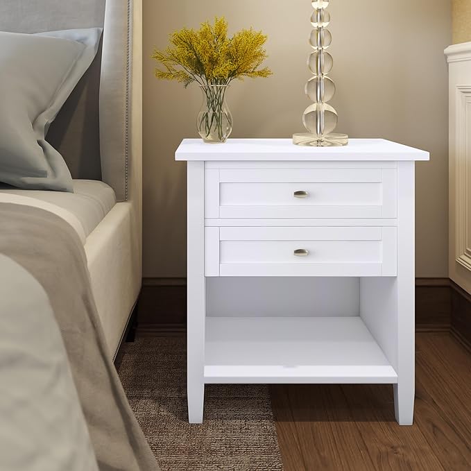 SIMPLIHOME Warm Shaker SOLID WOOD 24 Inch Wide Transitional Bedside Nightstand Table in White, For the Living Room and Bedroom