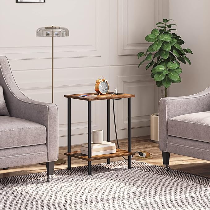 HOOBRO Side Table with Charging Station, End Table with USB Port and Outlet, Nightstand with 2-Layer Storage Shelves for Small Spaces, Living Room, Bedroom, Stable Frame, Rustic Brown BF09UBZ01