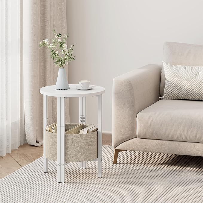 VAGUSICC Small Round Side Table End Table with Storage Basket, Tall Accent Coffee Table Round Nightstand, Set of 2 Half Round Tables Half Moon Tables, Sofa Bedside Table for Living Room Bedroom, White