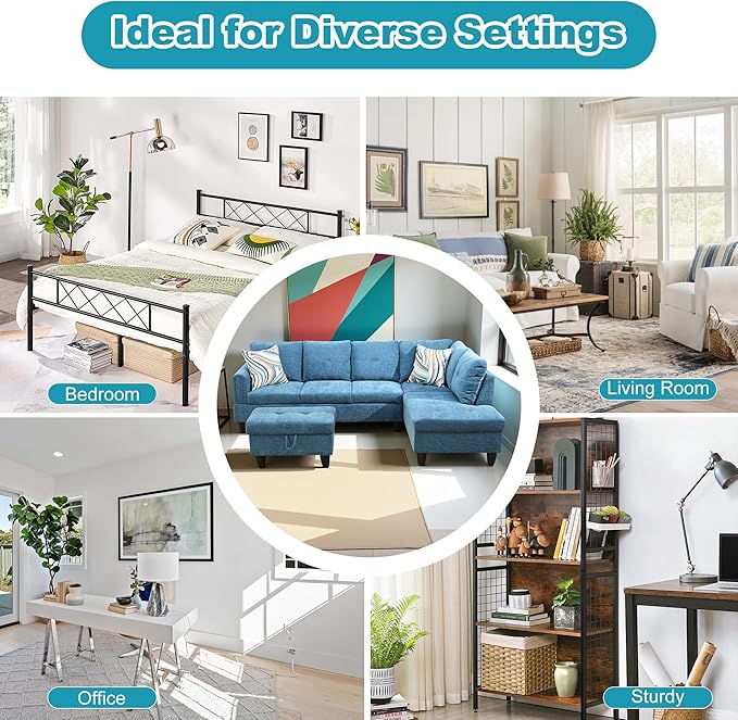 Couches for Living Room Modern L Shaped Couch Comfy Flannel Fabric 3 Pieces Sectional Sofa with Chaise, Ottoman with Storage for Office and Small Apartment, Blue