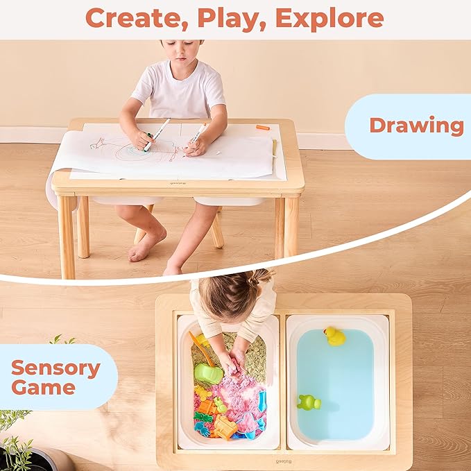 Sensory Table for Toddlers with 2 Storage Bins, Wooden Activity Table with Double-Sided Boards, Sand and Water Play, Indoor & Outdoor Use