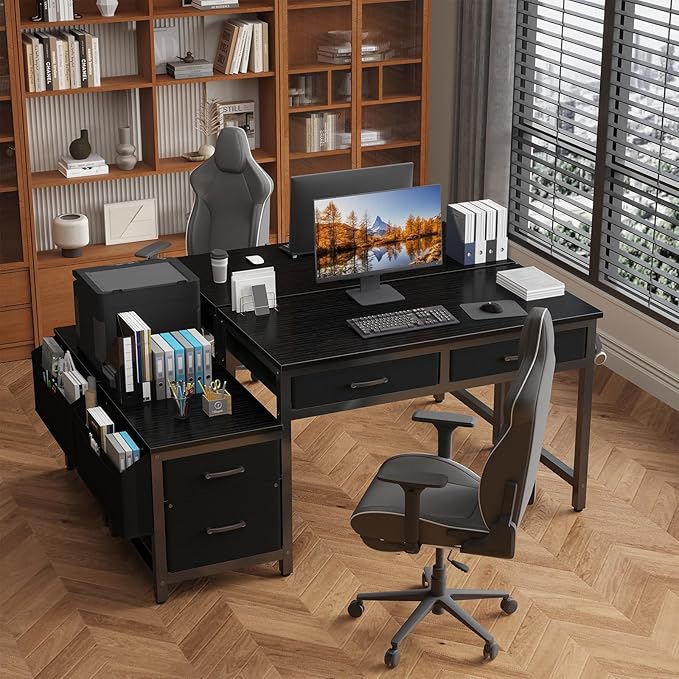 Lufeiya Gaming Desk with Fabric File Drawers Cabinet, 57 Inch Home Office Desks with Reversible Filing Cabinet Printer Stand for Small Space, Study Writing Table PC Computer Desks for Bedroom, Black