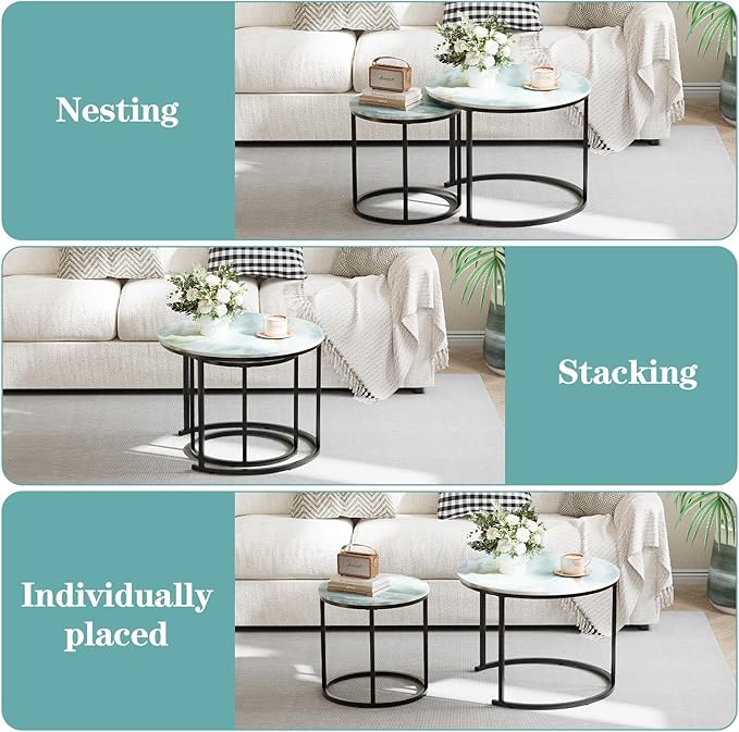 Garden 4 you Nesting Coffee Table, 23.6" Round Coffee Table Set of 2, Wooden Nesting Table Set for with Metal Frame, Side Tables for Living Room Bedroom Balcony, Blue