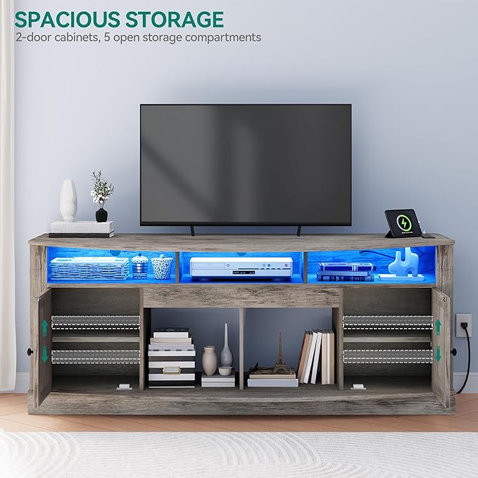 YITAHOME TV Stand for 75/80 Inch TV, Light Rustic Grey Entertainment Center 70 Inches Wide, Media Furniture TV Table with with Power Outlet, TV Consoles for Living Room, Curved Desktop