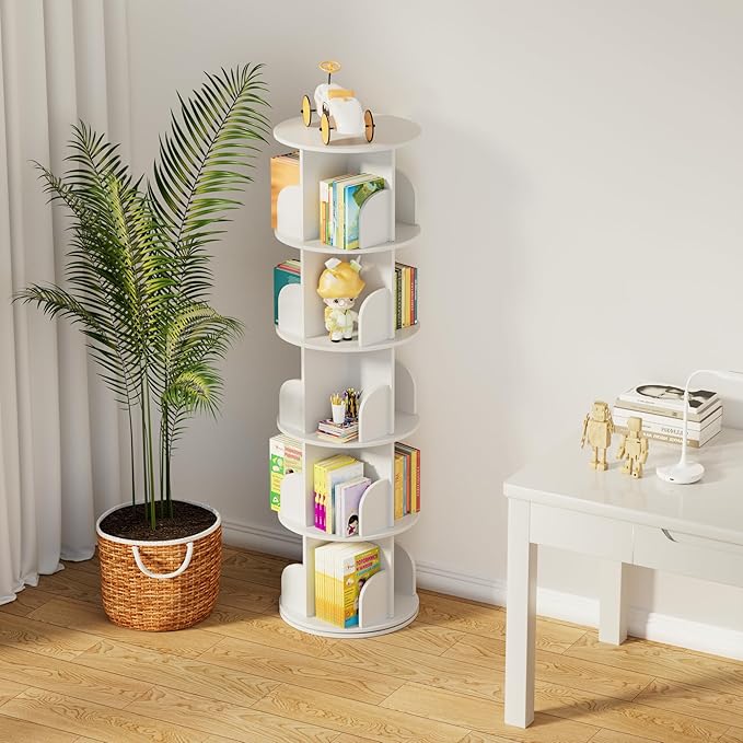 jxgzyy 5 Tier Rotating Bookshelf 62.6x18.1x18.1 Inch Corner Book Shelf 360° Display Spinning Bookcase Space-Saving for Bedroom, Living Room, Study, White