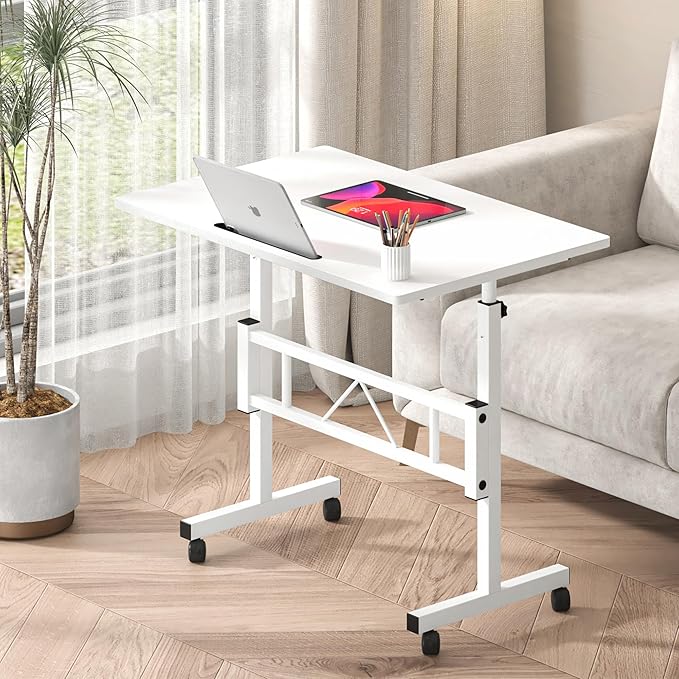 Klvied Small Standing Desk Adjustable Height, Mobile Table with Wheels, Portable Laptop Table, Standing Computer Desk for Walking Pad (White)