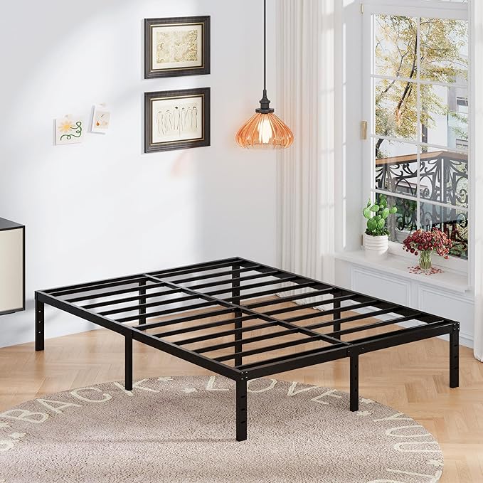 16 Inch King Size Bed Frame with White Skirt Cover, Metal King Bed Frame with Storage, No Box Spring Needed, Heavy Duty, Easy Assembly, Noise Free, Mattress Foundation
