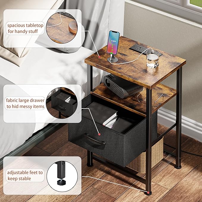 Nightstands Set of 2 with Charging Station and Drawer, End Table Bedside Table with 20 Colors LED Light Strip and 2 Layers Shelf for Bedroom Living Room (Rustic Brown)