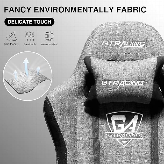 GTRACING Gaming Chair with Footrest, Fabric Breathable Big and Tall Ergonomic Computer Chair 350 lbs with Adjustable Lumbar Support and Recliner，High Back Game Chair for Office Gaming, Grey