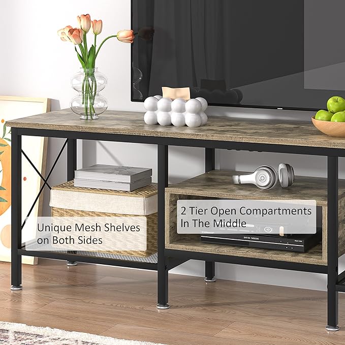 VECELO Industrial TV Stand for 75 Inch Television Cabinet 3-Tier Console with Open Storage Shelves, Entertainment Center Metal Frame for Living Room, Bedroom, 70 Inch, Light Grey