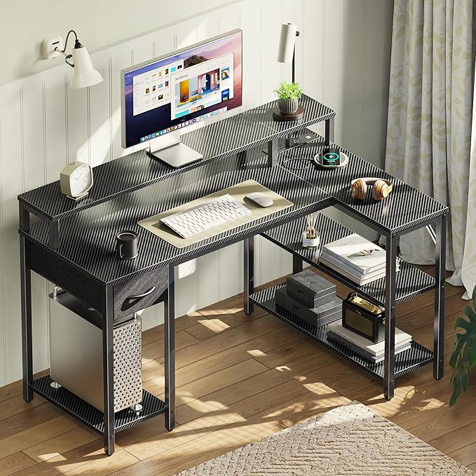 SUPERJARE 47 inch Reversible L Shaped Desk with LED Lights & Power Outlets, Computer Desk with Shelves & Monitor Stand, Gaming Desk with Drawer, Home Office Desk Corner Desk, Carbon Fiber Black