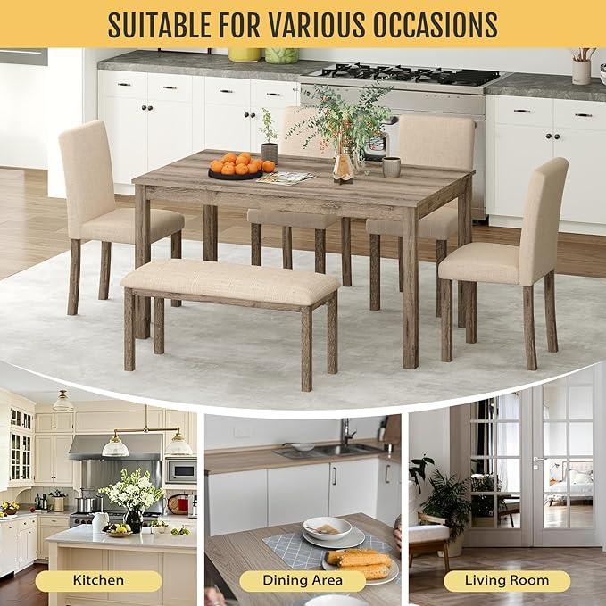 6-Piece Solid Wood Dining Table Set, Including 1 Dining Table, 4 Upholstered Chairs and 1 Bench, Wooden Legs Dining Table Set for Dining Room, Kitchen, Restaurant, Brown